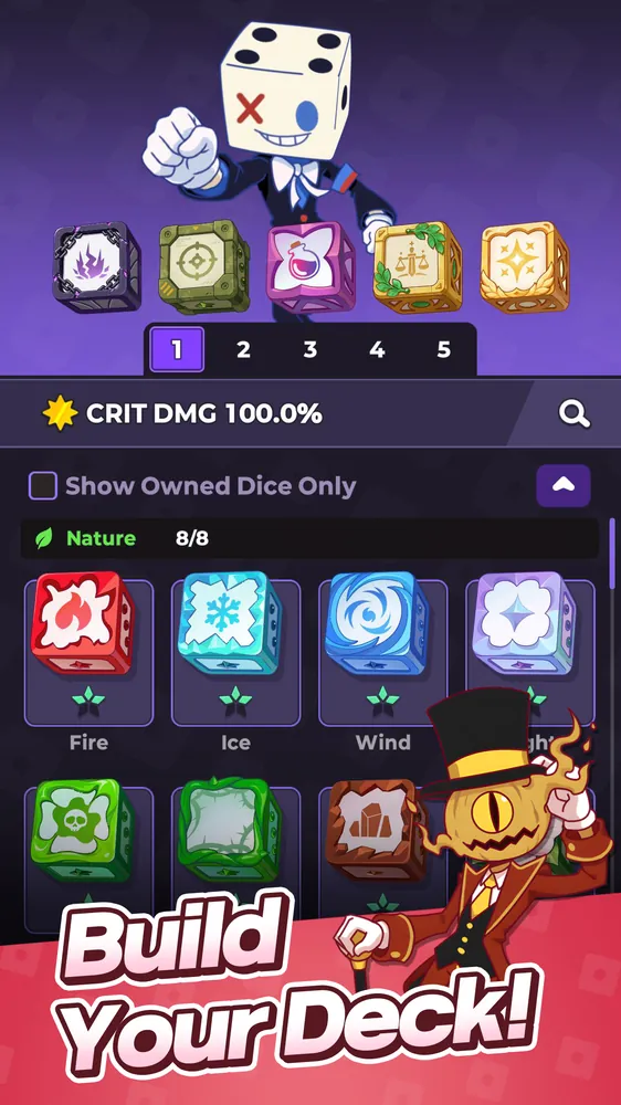 Random Dice 2 deck screen with five dice slots and the Nature dice class