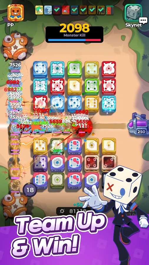Random Dice 2 co-op battle screen with a 5x3 board of dice